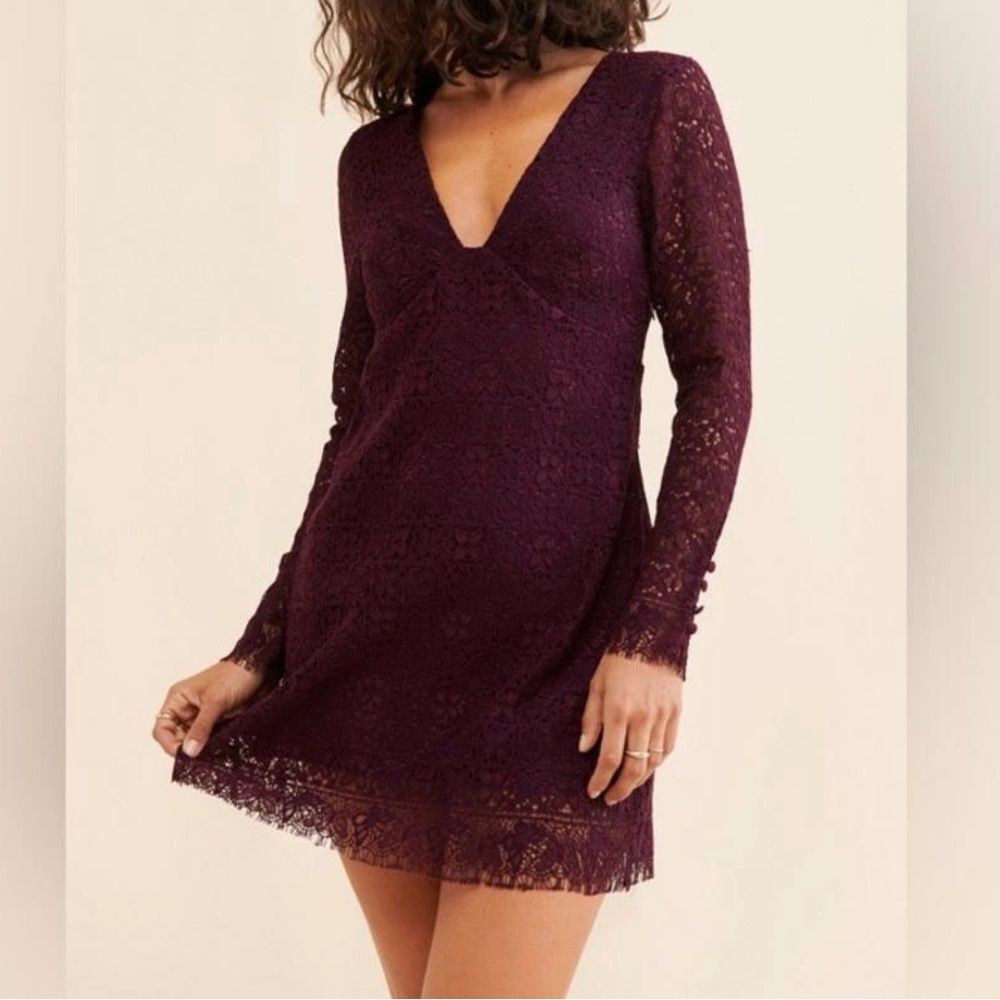 New Free People Honey Honey Lace Long Sleeve Mini Dress Size 6 in Potent Purple